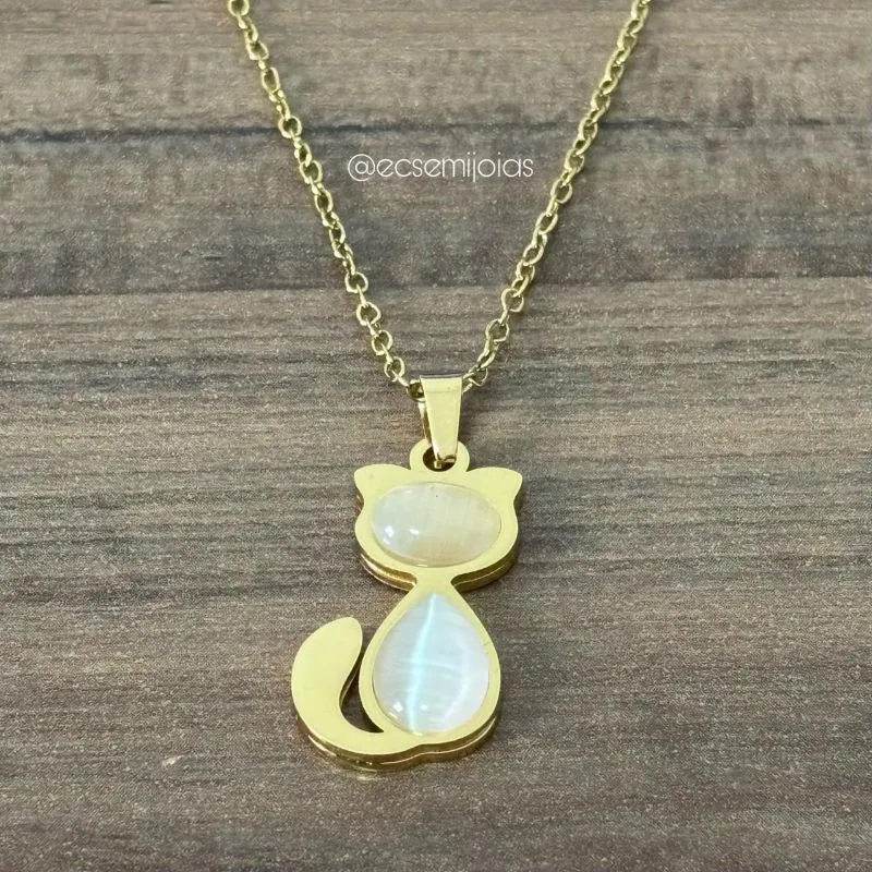 Colar português ffininho com pingente de gato com pedra olho de gato - 45cm - aço dourado inoxidável