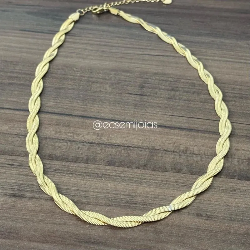 Colar trançado duplo de fita 3mm - 42cm + extensor - aço dourado inoxidável