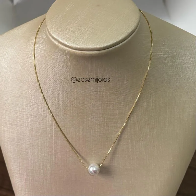 Colar veneziana com 1 pérola 10mm resinada - 40cm - banhado a ouro 18k