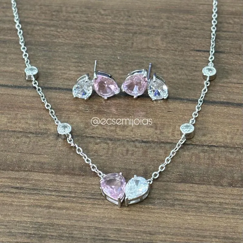 Conjunto de brinco e colar com pingente com 2 zircônias gotas maiores - 43cm + extensor - banhado a ródio branco