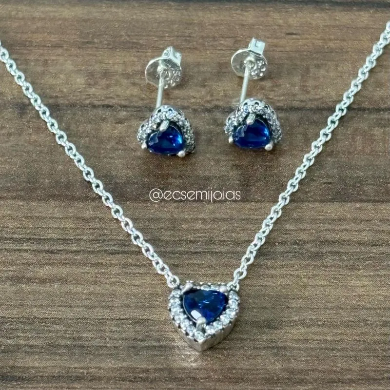 Conjunto de brinco e colar com pingente de zircônia de coração 5mm cravejado em volta - 43cm + extensor - banhado a ródio branco