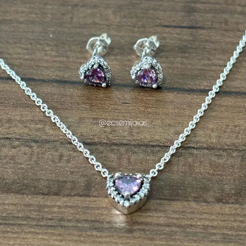 Conjunto de brinco e colar com pingente de zircônia de coração 5mm cravejado em volta - 43cm + extensor - banhado a ródio branco