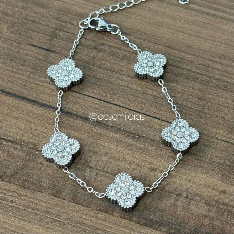 Pulseira com 5 trevos cravejados em cristais - 18cm + extensor - aço inoxidável