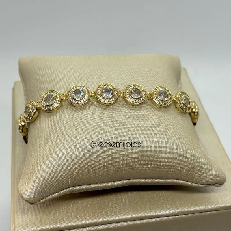 Pulseira de elos redondos com zircônia redonda no centro cravejado em volta - 18,5cm - banhado a ouro 18k