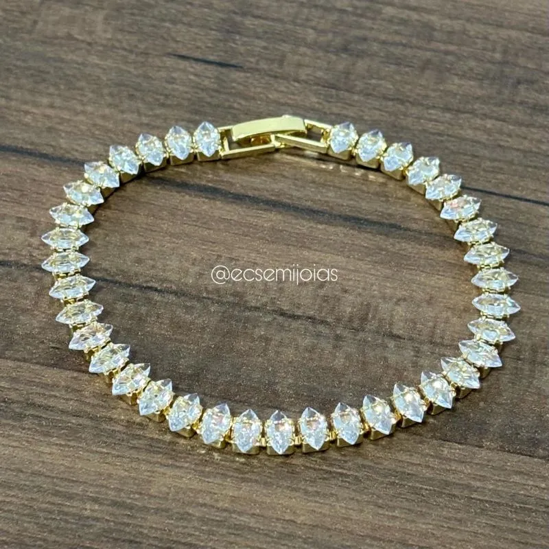 Pulseira riviera de zircônias navetes 6mm - 18cm - banhado a ouro 18k